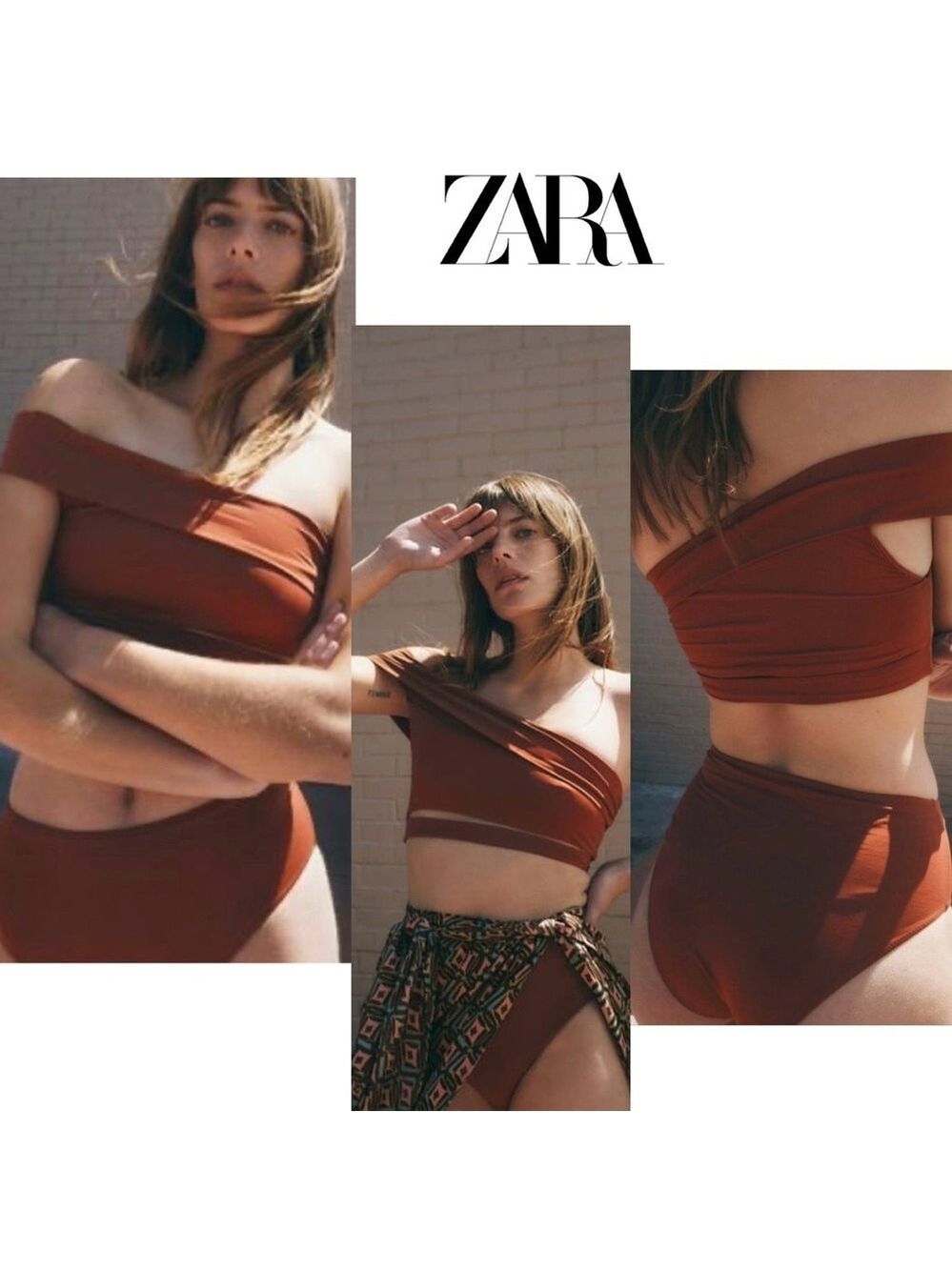 Zara Brown asymmetrical cut out cropped bikini bathing suit top Sz M NWOT🔥